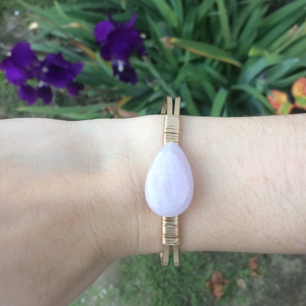 Rose Quartz Gemstone Wire Wrapped Gold Bangle Bracelet